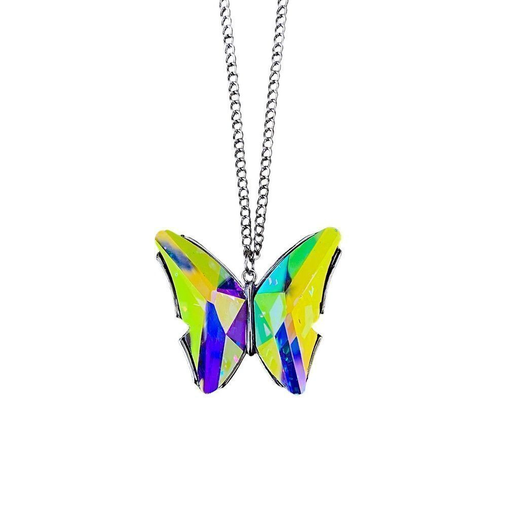 Oil Spill Butterfly Pendant Long Necklace Silver Tone Chain Costume Jewelry OSFM